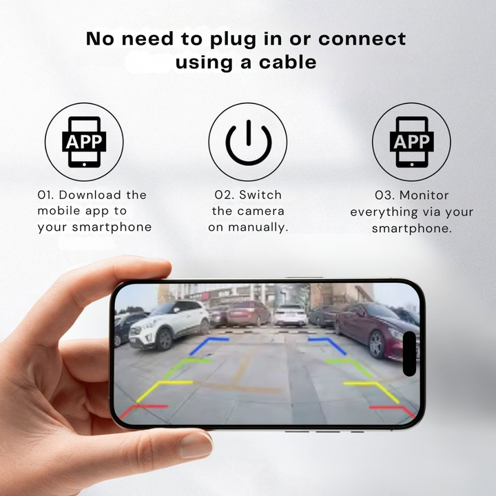 Dłoń trzyma telefon z obrazem parkingu i kolorowymi liniami pomocniczymi, nad nim trzy ikony ilustrujące kolejne kroki uruchomienia kamery bez kabla. 3