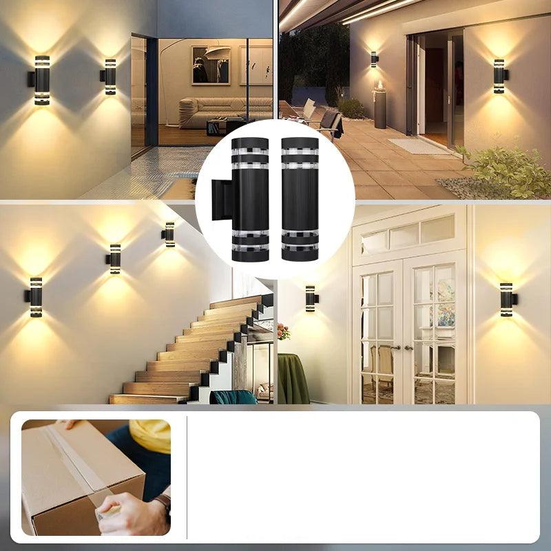 Czarne cylindryczne kinkiety w kolażu: na tarasie, nad schodami i przy przeszklonych drzwiach, a w kółku dwie oprawy oraz paczka z kartonem. 5