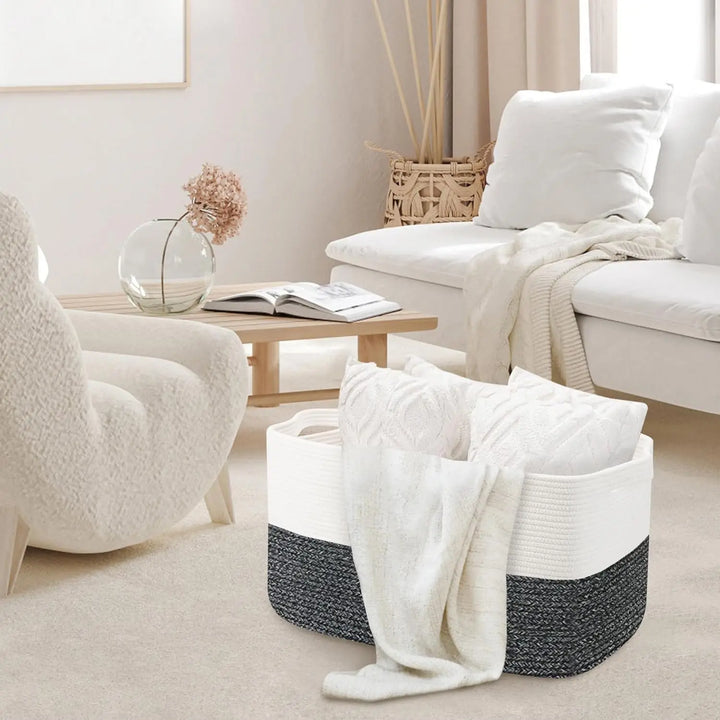 Extra duży, pleciony kosz na zabawki i koce z bawełny - Marlow