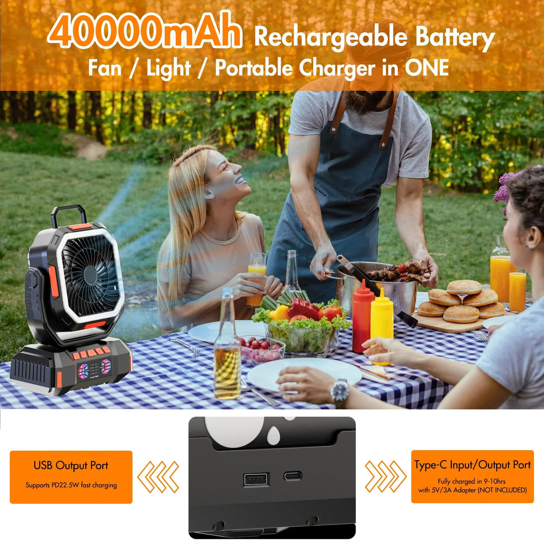 Akumulatorowa wentylator campingowy z baterią 40000mAh i lampą LED – F22