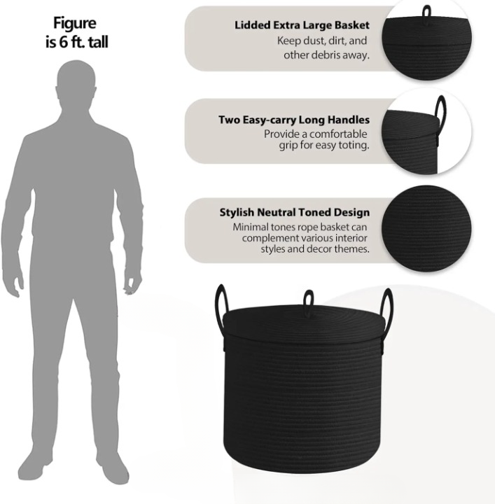 Duży czarny kosz do przechowywania z bawełnianego sznura z pokrywą – Selwyn