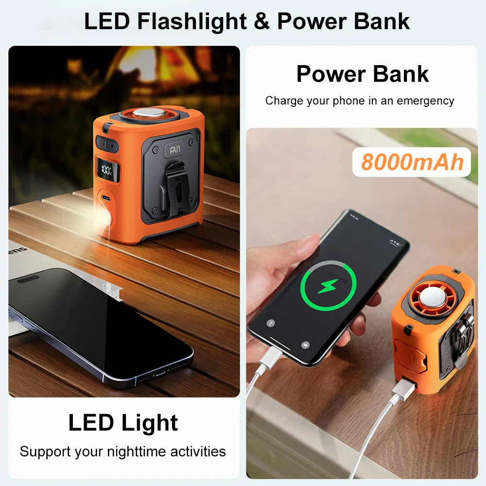 8000mAh przenośny chłodzący wentylator do pasa z powerbankiem i oświetleniem LED – FrostBreeze