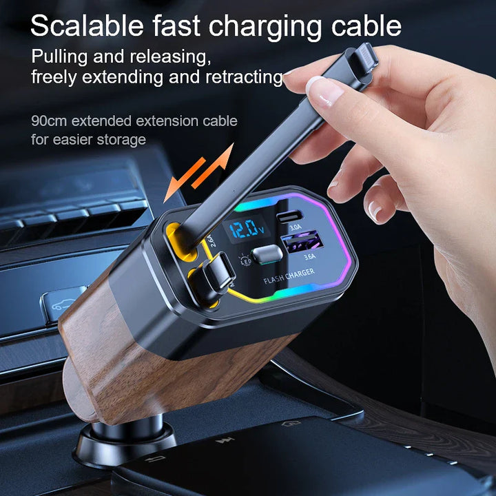 120W 4-w-1 Rozszerzalna ładowarka samochodowa z adapterem USB-C i zapalniczką – Vega