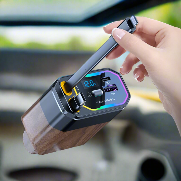120W 4-w-1 Rozszerzalna ładowarka samochodowa z adapterem USB-C i zapalniczką – Vega
