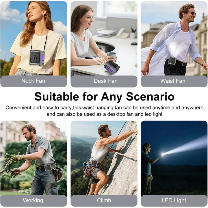 8000mAh przenośny chłodzący wentylator do pasa z powerbankiem i oświetleniem LED – FrostBreeze