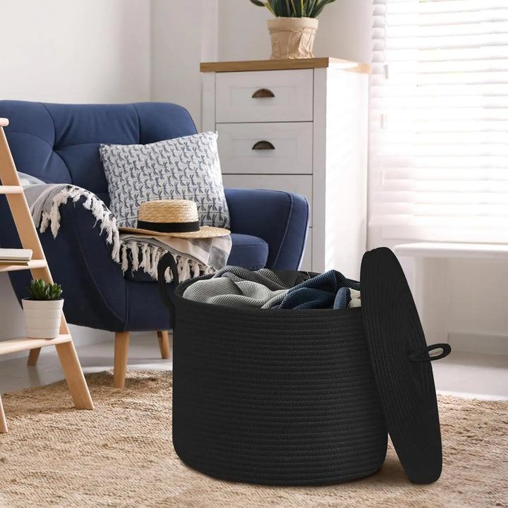 Duży czarny kosz do przechowywania z bawełnianego sznura z pokrywą – Selwyn
