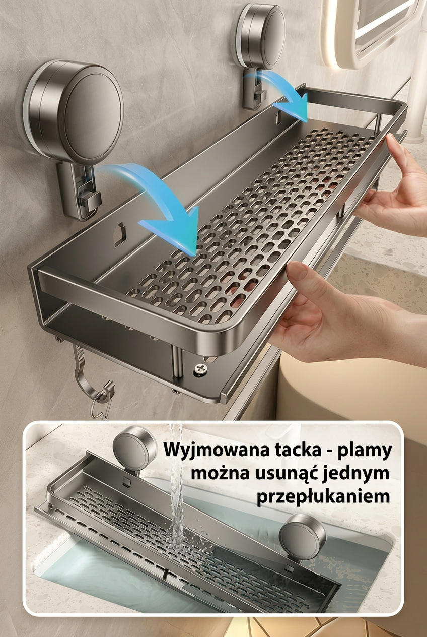 Półka łazienkowa na przyssawkach | Bez wiercenia | Organizer z odpływem