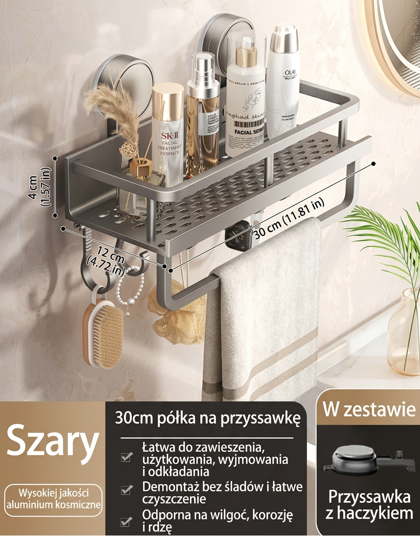 Półka łazienkowa na przyssawkach | Bez wiercenia | Organizer z odpływem