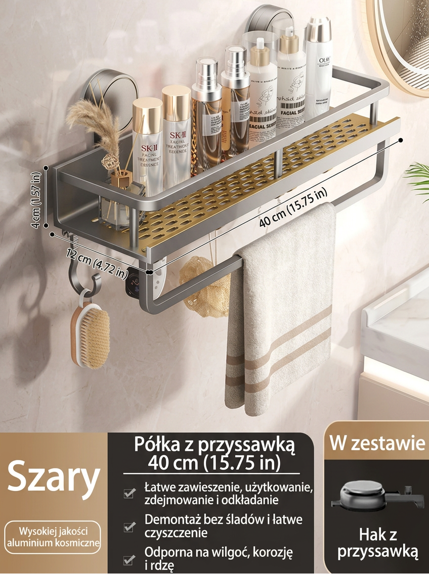 Półka łazienkowa na przyssawkach | Bez wiercenia | Organizer z odpływem