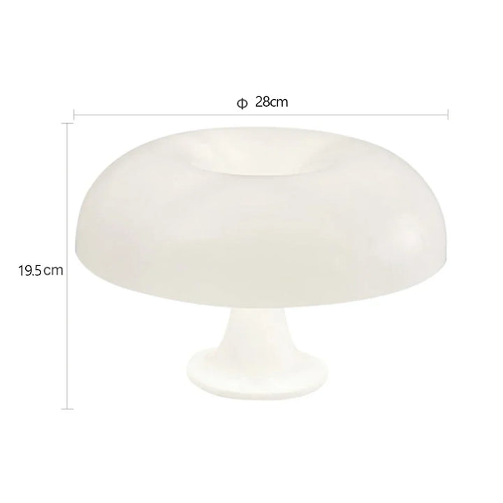 Biaลa lampa grzybek na jasnym tle z wymiarami: ลrednica klosza 28 cm i wysokoลฤ‡ 19,5 cm. 8