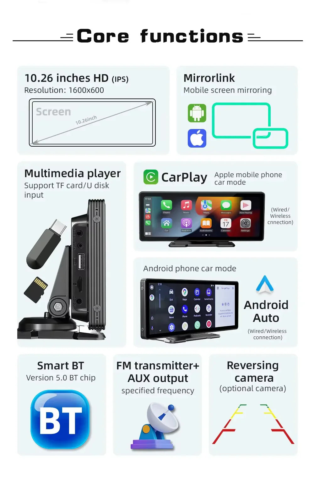 Uniwersalny 10,26-calowy (26,06 cm) odtwarzacz multimedialny do samochodu z bezprzewodowym CarPlay i Android Auto
