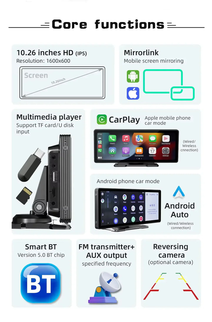 Uniwersalny 10,26-calowy (26,06 cm) odtwarzacz multimedialny do samochodu z bezprzewodowym CarPlay i Android Auto