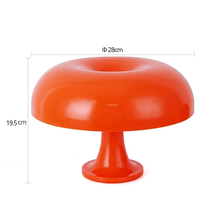 Pomaraรฑczowa lampa grzybek na biaลym tle z wymiarami: ลrednica klosza 28 cm i wysokoลฤ‡ 19,5 cm. 9