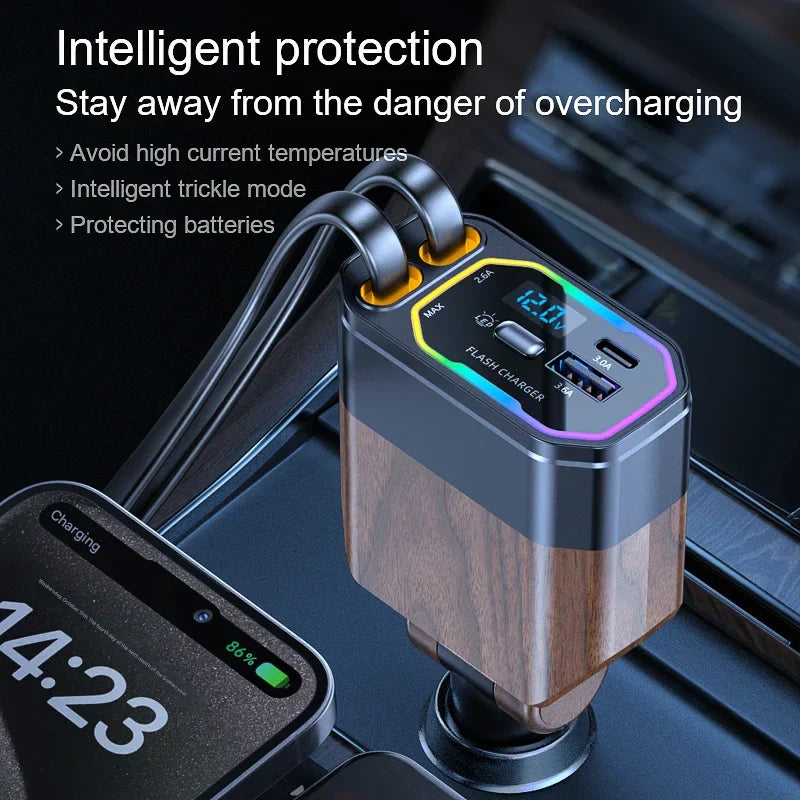 120W 4-w-1 Rozszerzalna ładowarka samochodowa z adapterem USB-C i zapalniczką – Vega