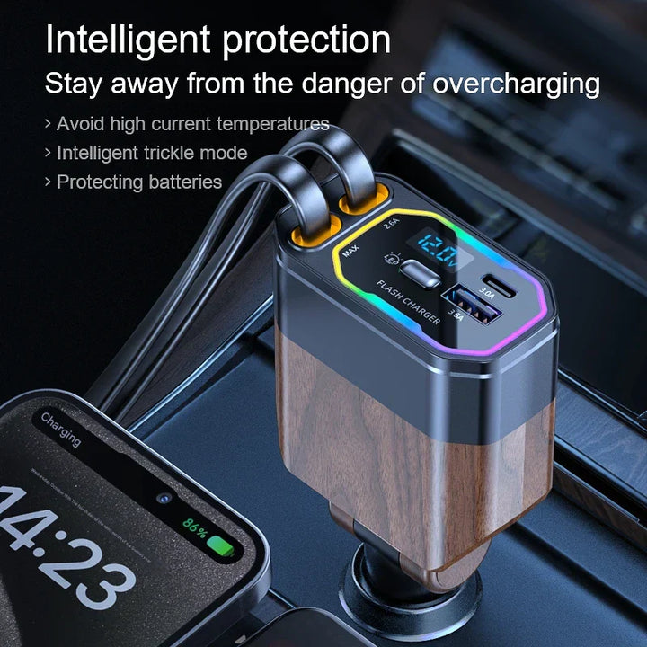 120W 4-w-1 Rozszerzalna ładowarka samochodowa z adapterem USB-C i zapalniczką – Vega