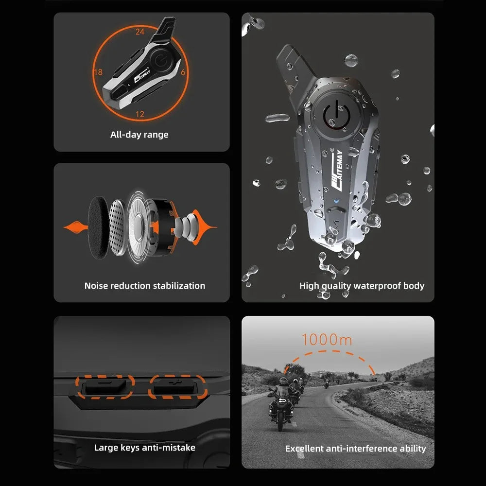 Bezprzewodowy zestaw głośnomówiący do kasku motocyklowego Bluetooth z zasięgiem 1000 m i wodoodpornością IPX6 – RoadComm