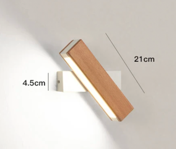 Rotated wooden lamp on a white mount with dimension lines marking 21 cm length and 4.5 cm height. 4