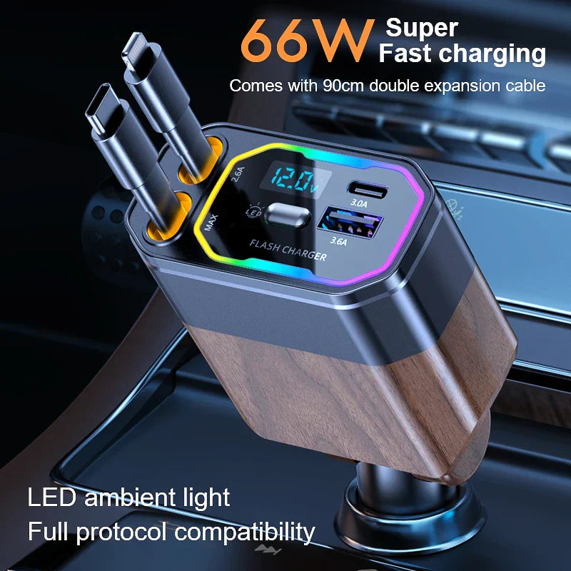 120W 4-w-1 Rozszerzalna ładowarka samochodowa z adapterem USB-C i zapalniczką – Vega