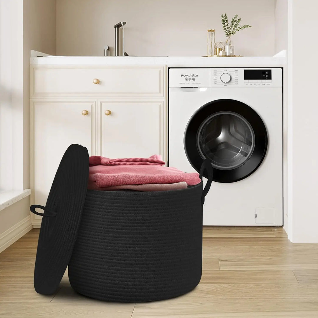 Duży czarny kosz do przechowywania z bawełnianego sznura z pokrywą – Selwyn