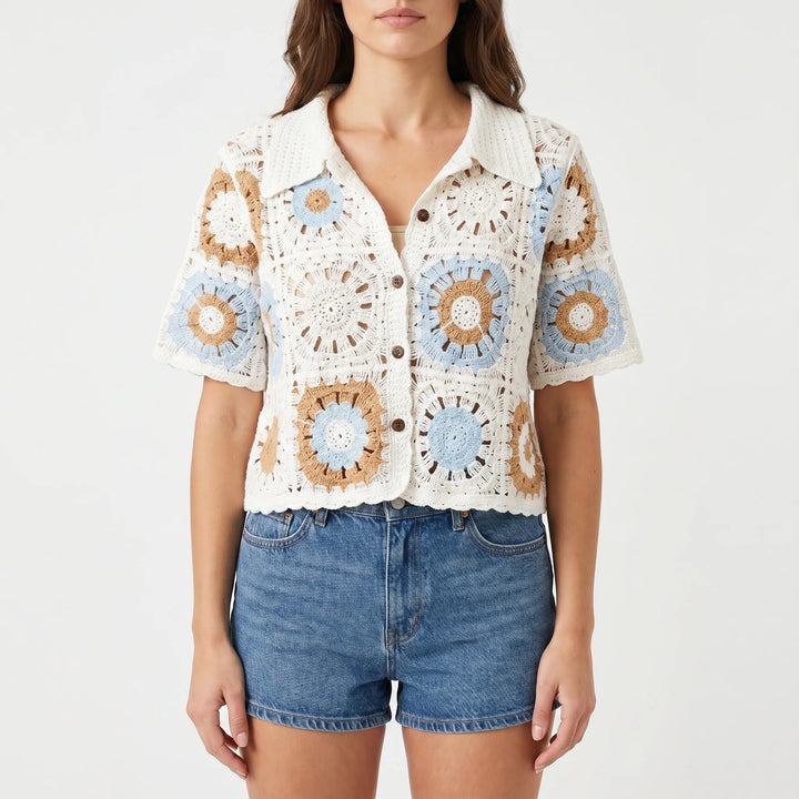 Short-Sleeved Crochet Cardigan -  Celia