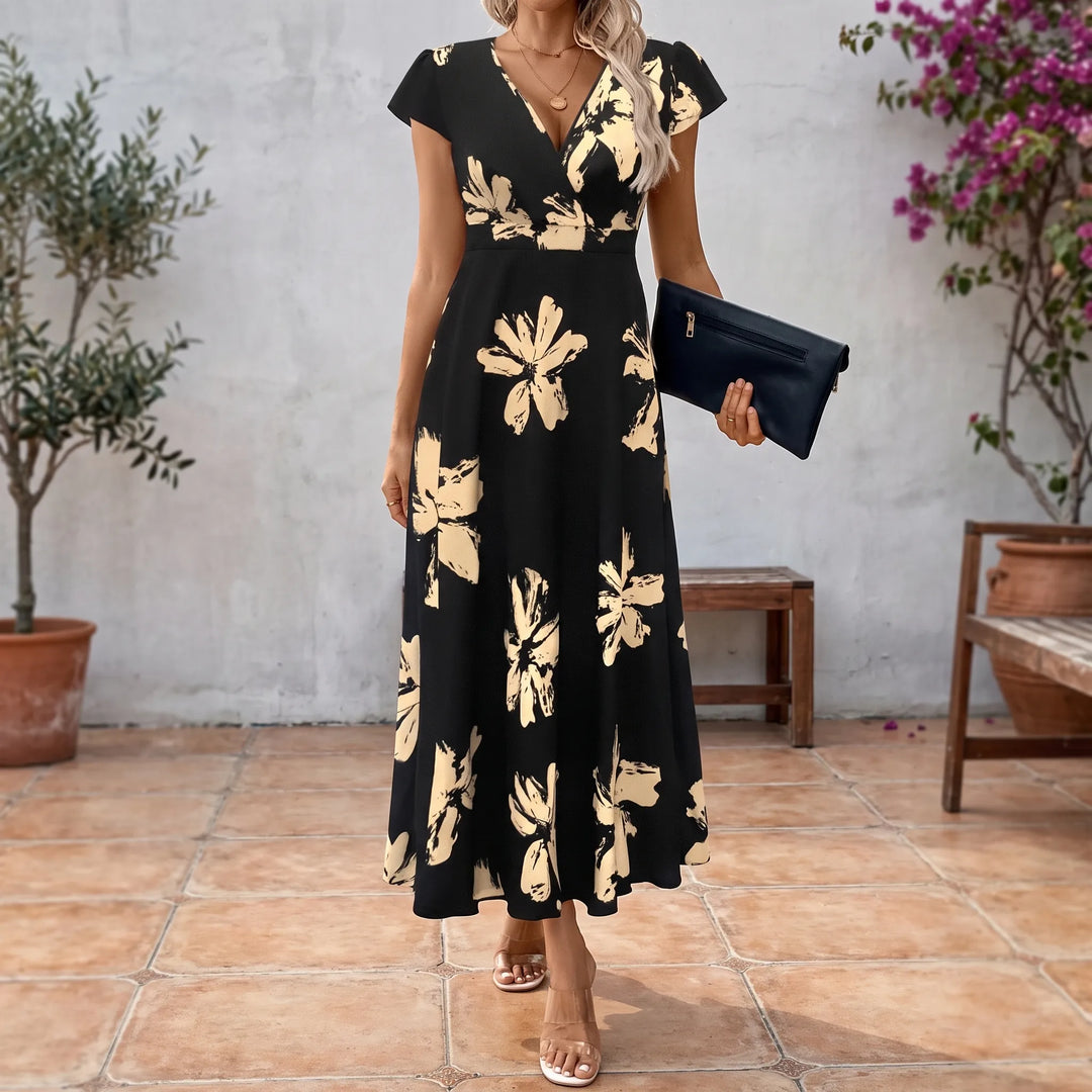 Short Sleeve V-Neck Midi Dress - Janet