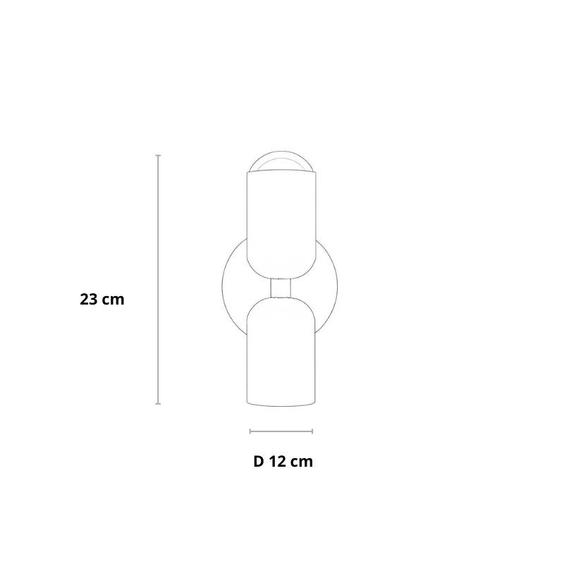 Rysunek techniczny kinkietu z dwoma kloszami i okrągłą płytką, z zaznaczoną wysokością 23 cm i średnicą 12 cm. 23