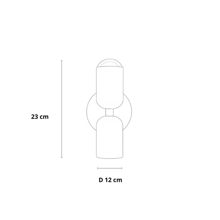 Rysunek techniczny kinkietu z dwoma kloszami i okrągłą płytką, z zaznaczoną wysokością 23 cm i średnicą 12 cm. 23