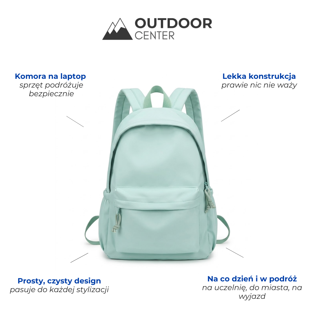 Miętowy plecak na grafice informacyjnej z krótkimi opisami zalet: komora na laptop, lekka konstrukcja, prosty design, na co dzień i w podróż. 2