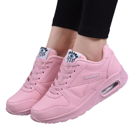 Pastelowo różowe sznurowane buty sportowe z poduszką powietrzną w podeszwie, noszone przez modelkę w czarnych legginsach 1