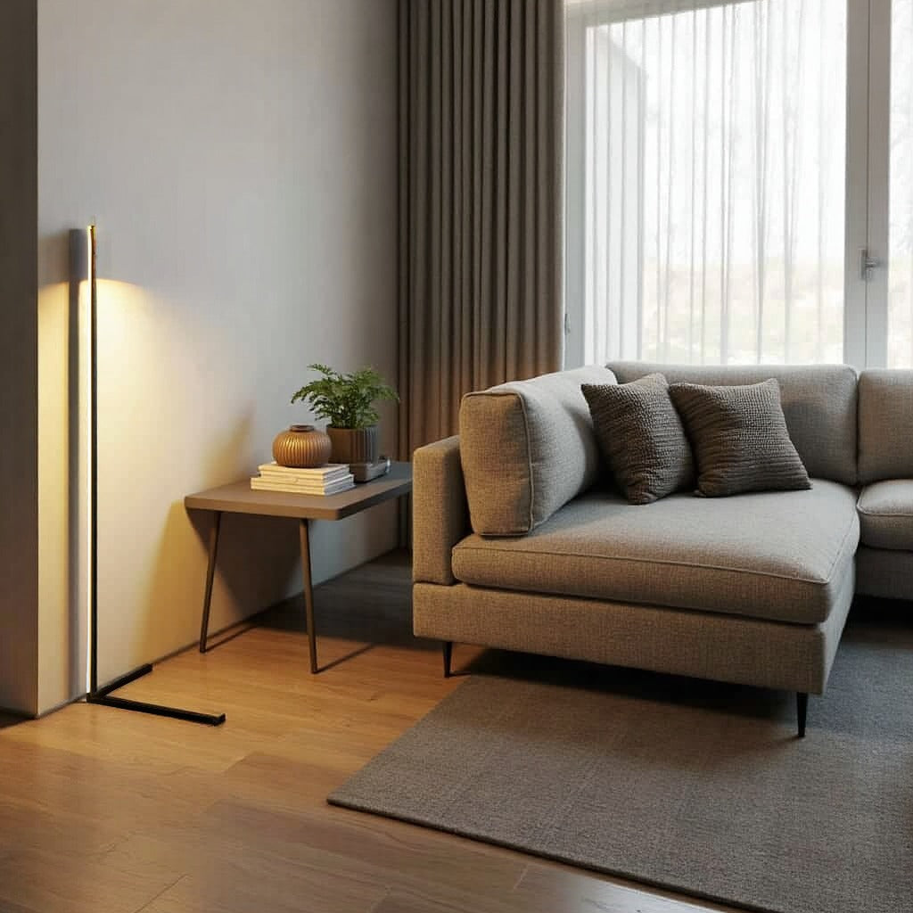 Lampa z ciepłym światłem przy ścianie w salonie, obok bocznego stolika z roślinką i szarej narożnej sofy 6