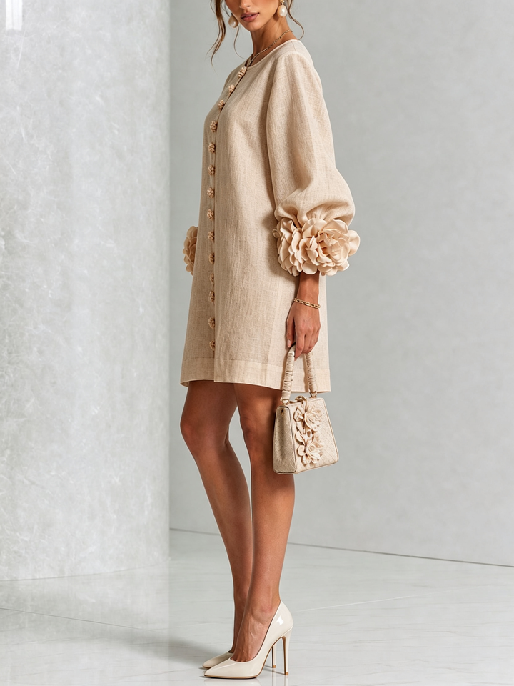 Elegant A-Line Dress with Volume Sleeves and Floral Buttons 24
