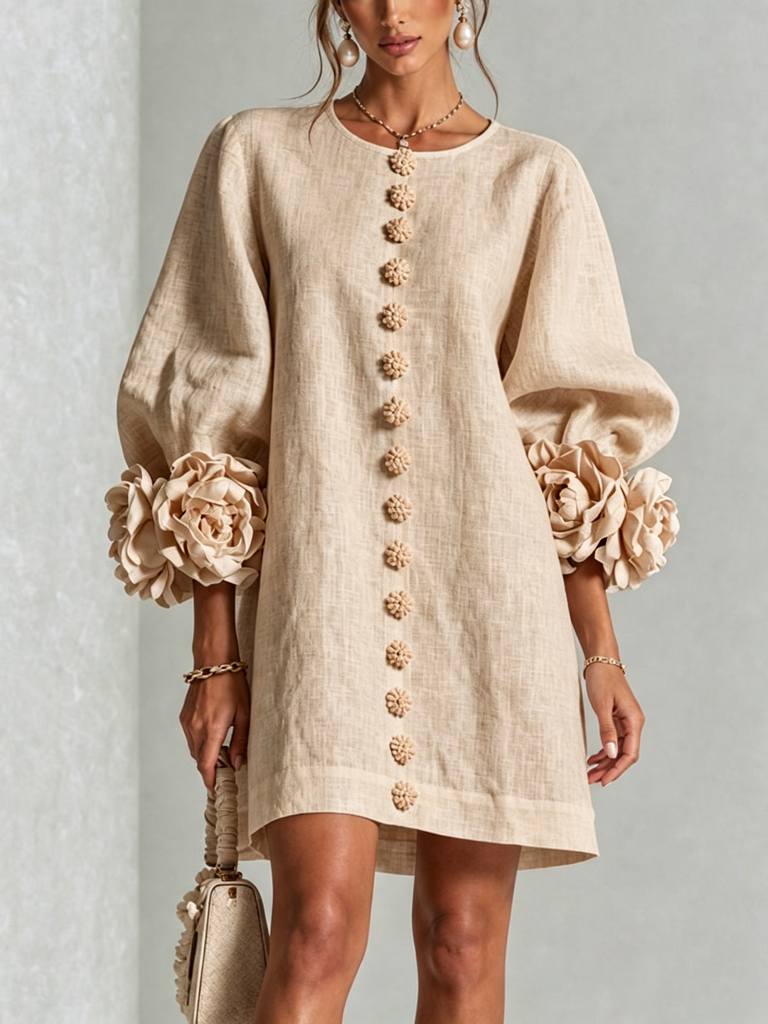 Women's Linen Puff Long Sleeve Tunic Mini Shift Dress 23