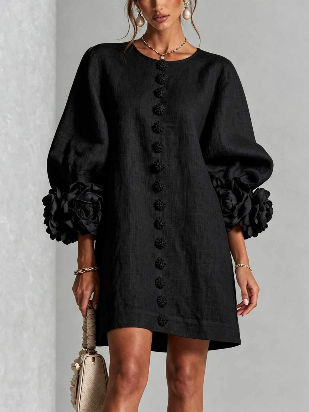 Elegant A-Line Dress with Volume Sleeves and Floral Buttons 15