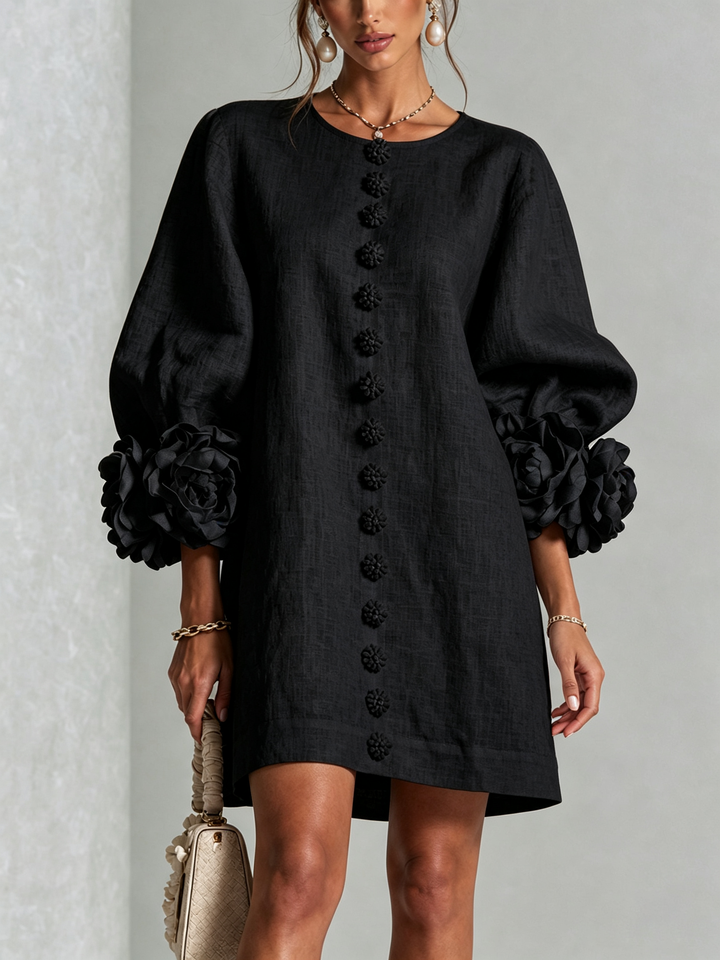 Women's Linen Puff Long Sleeve Tunic Mini Shift Dress 15