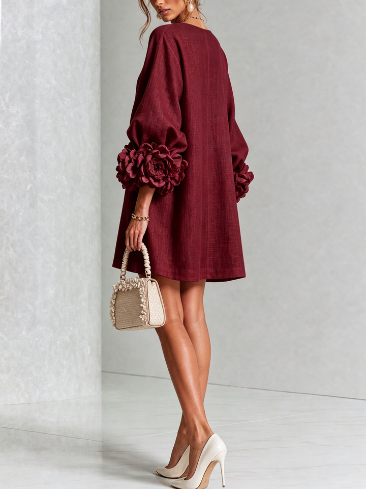 Elegant A-Line Dress with Volume Sleeves and Floral Buttons 37