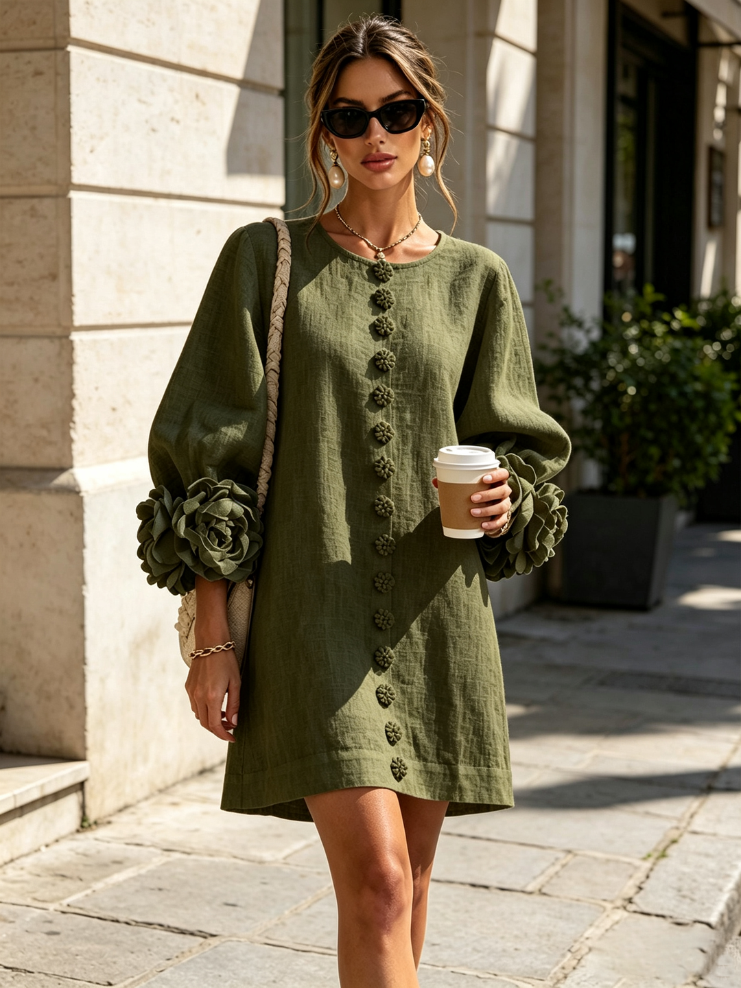 Elegant A-Line Dress with Volume Sleeves and Floral Buttons 10
