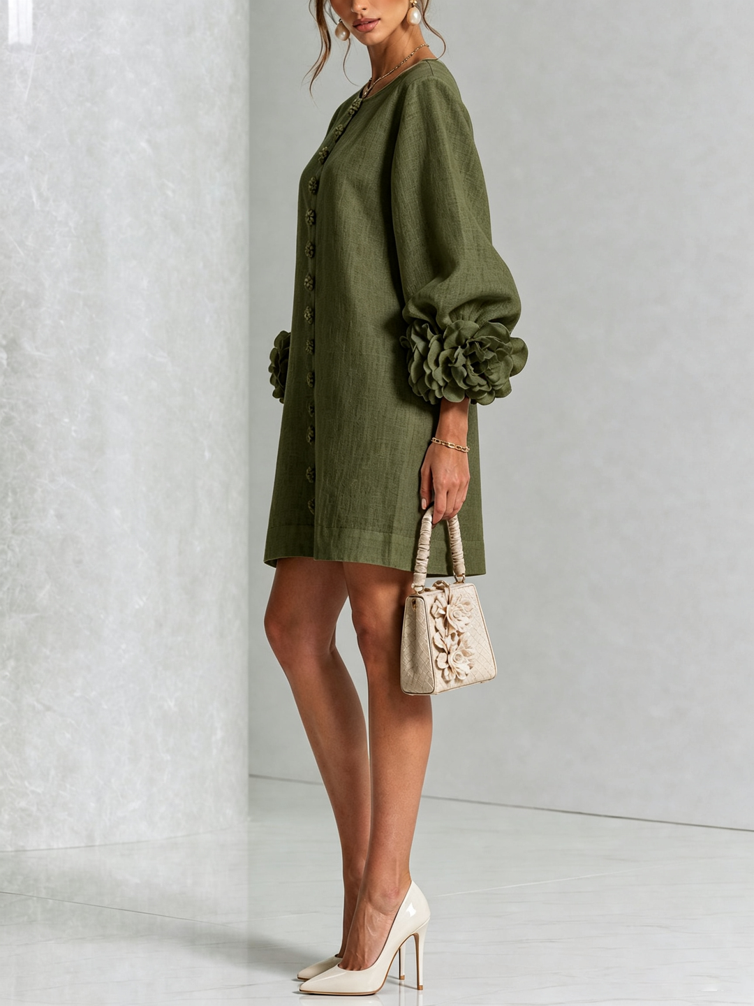 Women's Linen Puff Long Sleeve Tunic Mini Shift Dress 8