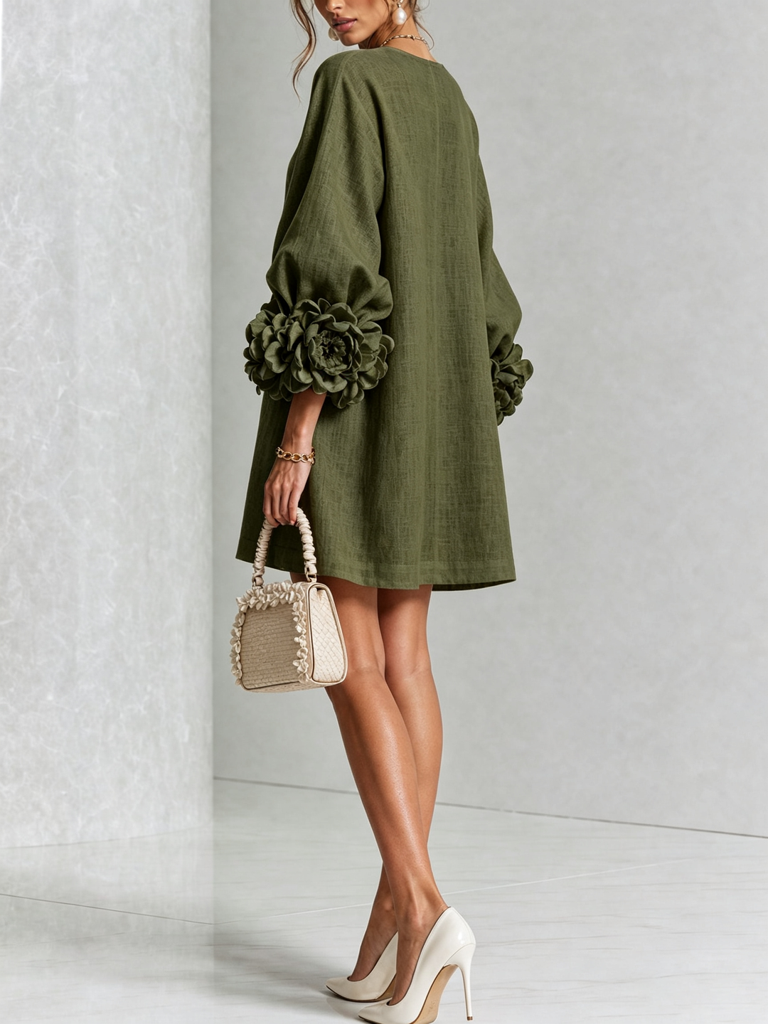 Women's Linen Puff Long Sleeve Tunic Mini Shift Dress 9