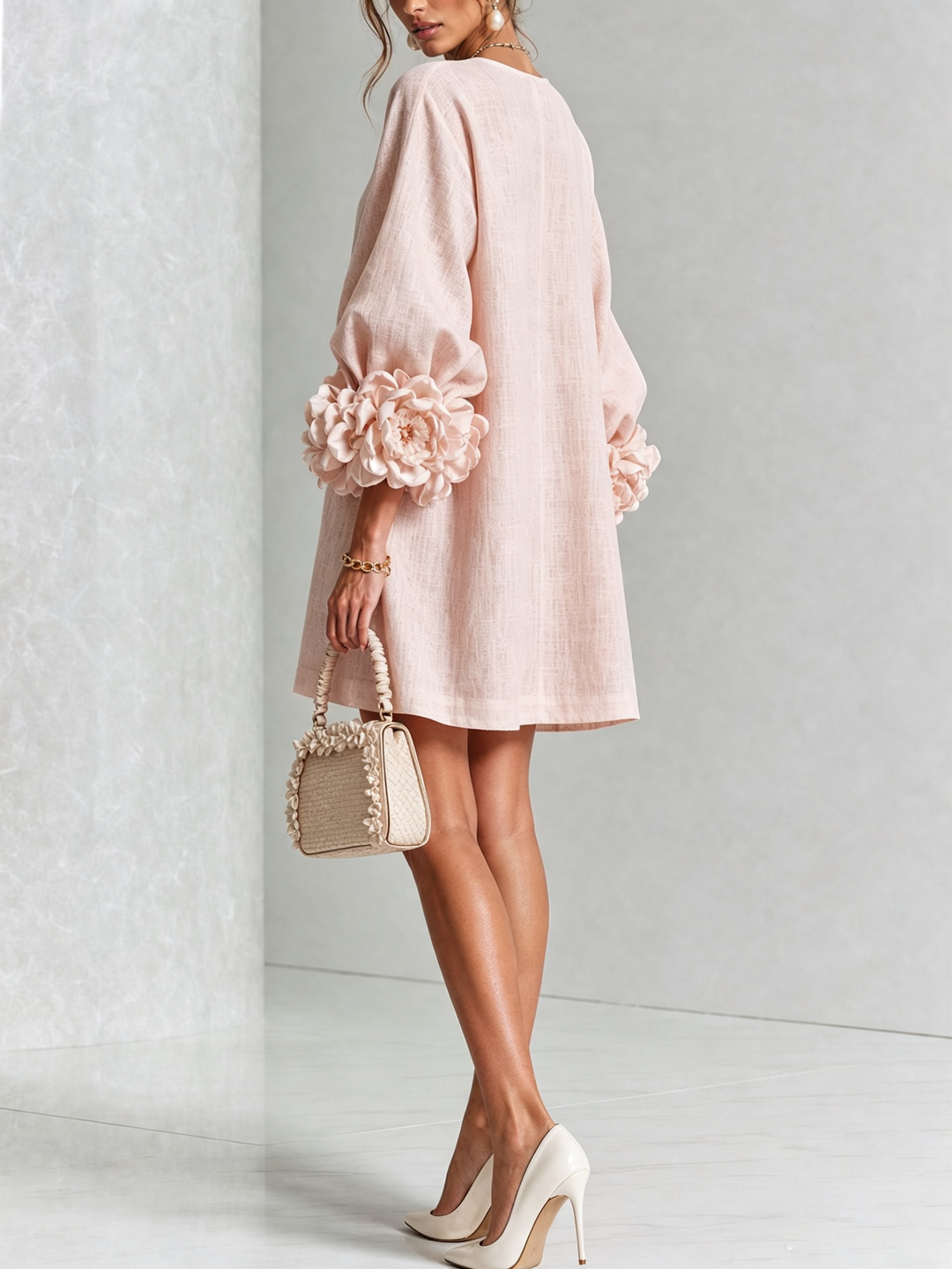 Elegant A-Line Dress with Volume Sleeves and Floral Buttons 21