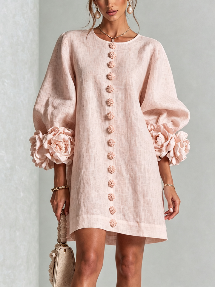 Elegant A-Line Dress with Volume Sleeves and Floral Buttons 19