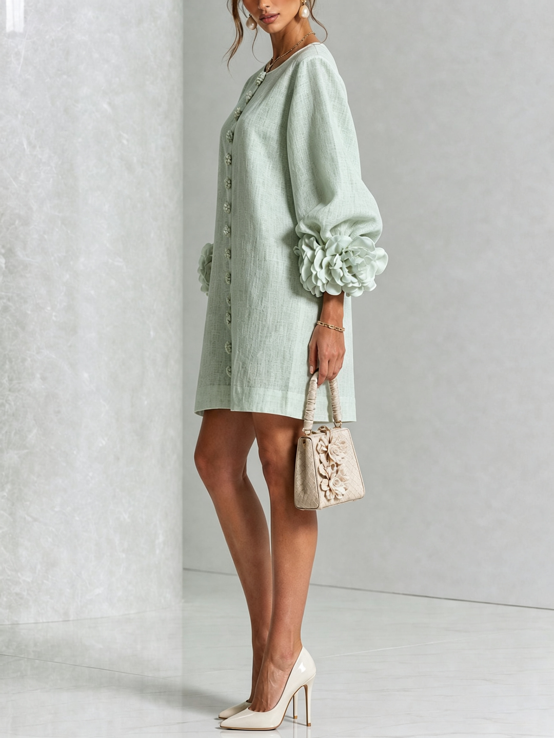 Elegant A-Line Dress with Volume Sleeves and Floral Buttons 32
