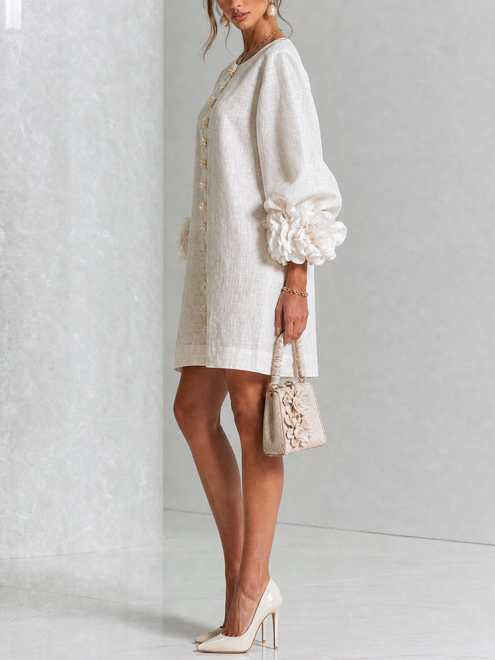 Women's Linen Puff Long Sleeve Tunic Mini Shift Dress 2