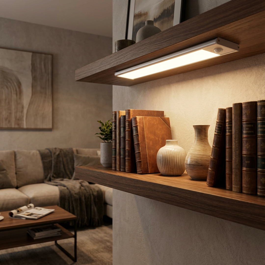 Listwa LED pod drewnianą półką w salonie podświetla książki w skórzanych oprawach i ceramiczne wazony na niższej półce. 5
