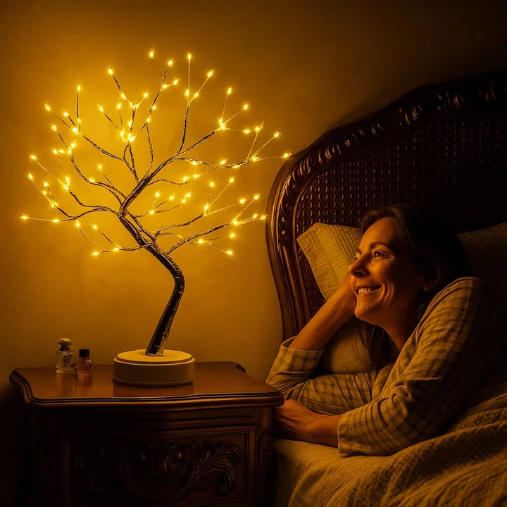 Świecące drzewko na rzeźbionej szafce nocnej, obok uśmiechnięta kobieta leżąca w łóżku w półmroku 1