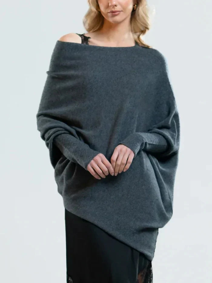 Asymetryczny, oversize sweter damski - Sophia-ciemnoszary-Trend Polska