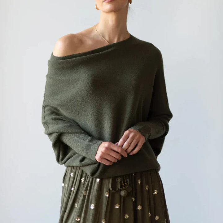 Asymetryczny, oversize sweter damski - Sophia-ciemnozielony-Trend Polska
