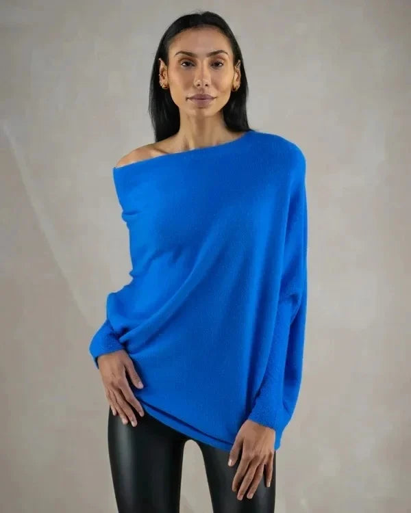 Asymetryczny, oversize sweter damski - Sophia-Niebieski-Trend Polska
