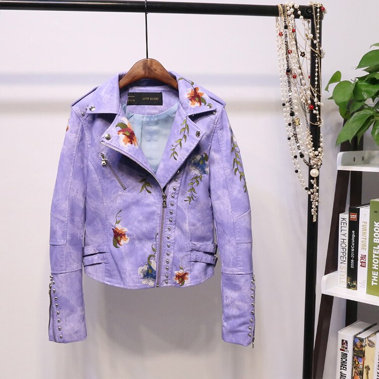 Bestickta damska kurtka skórzana w stylu biker - Eleonora-Lila-S-Trend Polska