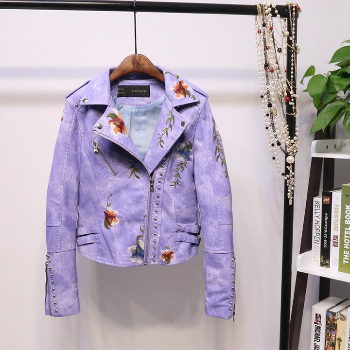 Bestickta damska kurtka skórzana w stylu biker - Eleonora-Lila-S-Trend Polska