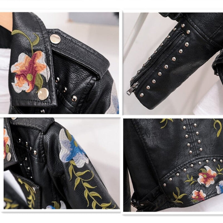 Bestickta damska kurtka skórzana w stylu biker - Eleonora-Czarny-S-Trend Polska